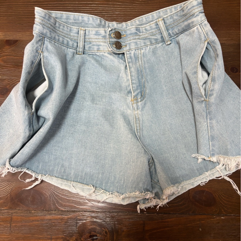 BLUE DENIM MINI HIGH RISE FLARED WIDE LEG FRAYED RAW HEM SHORTS SIZE XL - Picture 6 of 9